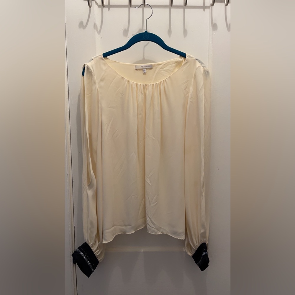Lavender Brown Cream boho ballon sleeves blouse, black cuff wrists, size M